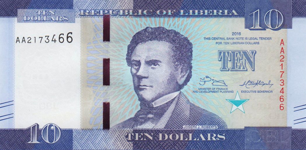 P32 Liberia 10 Dollars Year 2016