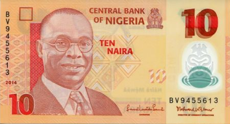 P39e Nigeria 10 Naira Year 2014 (New Date & Sign.