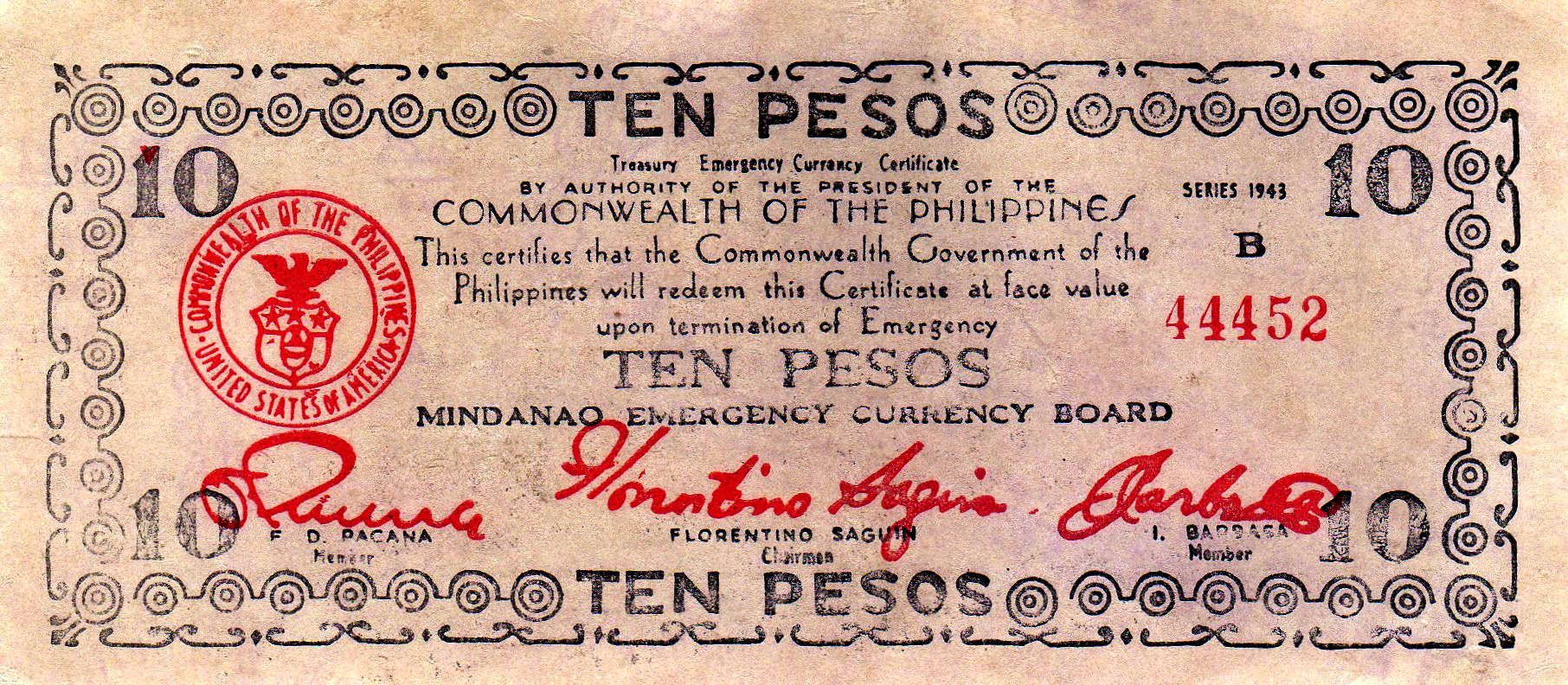 PS 488 Philippines 10 Pesos XF Year 1943