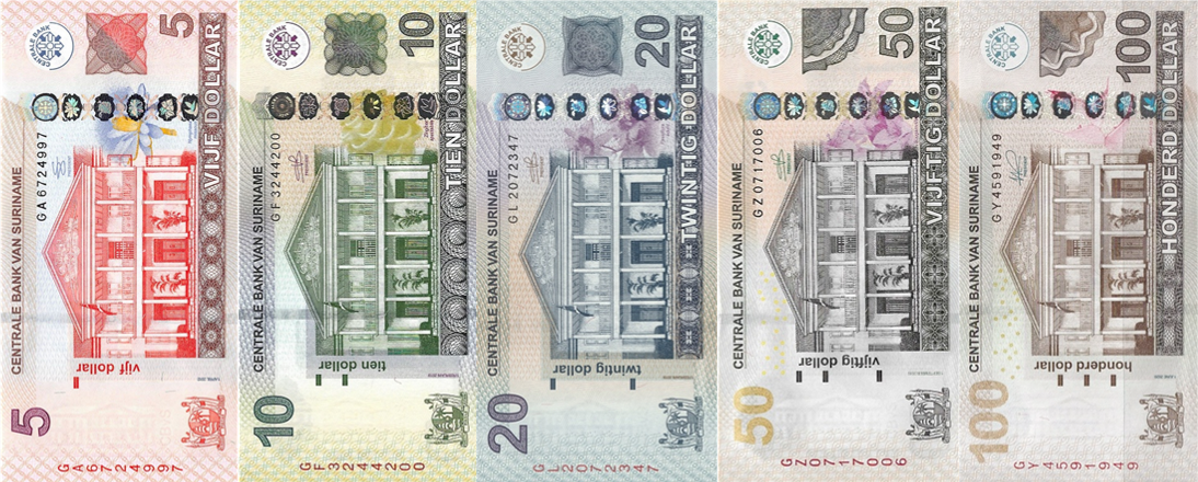 P162-P166 Surinam - 5-100 Dollar Year Various (5x)