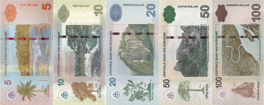 P162-P166 Surinam - 5-100 Dollar Year Various (5x)