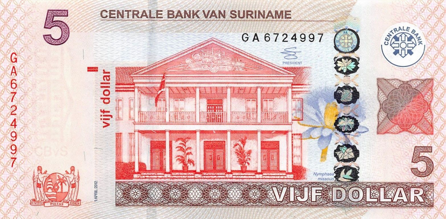 P162b Surinam 5 Dollar Year 2012