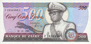 P30S Zaire Specimen 500 Zaires Year 1985