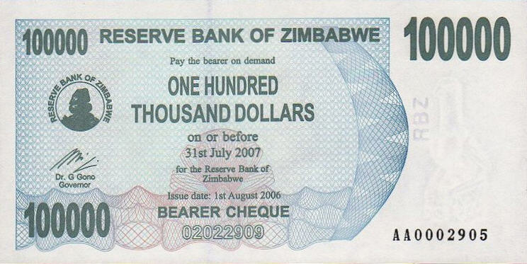 P 48a Zimbabwe Bearer Cheque 100.000 Dollars Until 2007 (Without