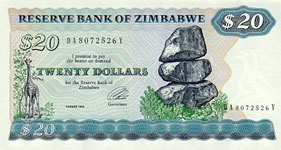 P  4d Zimbabwe 20 Dollar Year 1994