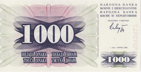 P 15 Bosnia Herzegovina 1000 Dinara Year 1992 V