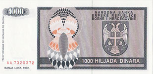 P137 Bosnia Herzegovina 1000 Dinara Year 1992 V