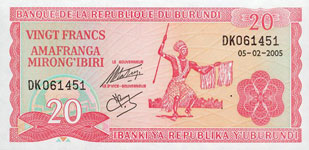 P27 Burundi 20 Francs Year 2001/2005/2007