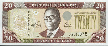 P28a Liberia  20 Dollars Year 2003