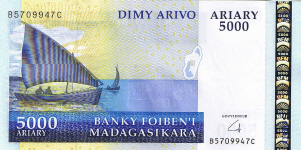 P 91b Madagascar 5000 Ariary year nd