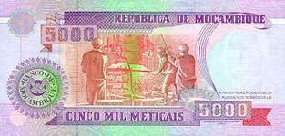 P136 Mozambique 5000 Meticaos Year 1991