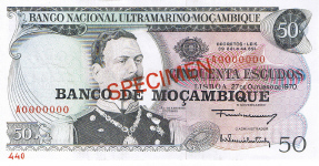 P116s Mozambique 50 Escudos Year nd (1976) Specimen