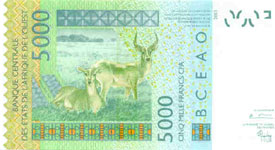 P117a Ivory Coast W.A.S. A 5000 Francs Year 2003