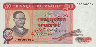 P16S Zaire Specimen 50 Makuta Year 1973