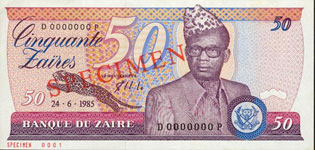 P28S Zaire Specimen 50 Zaires Year 1985