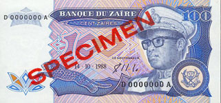 P33S Zaire Specimen 100 Zaires Year 1988