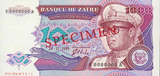 P35S Zaire Specimen 1000 Zaires Year 1989