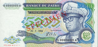 Zaire P37S-5000 Zaires Year 1988 SPECIMEN