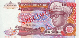 Zaire P38S-10.000 Zaires Year 1989 SPECIMEN