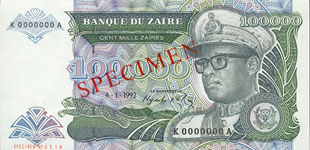 Zaire P41S-100.000 Zaires Year 1992 SPECIMEN