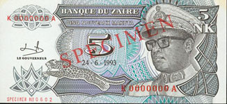 P48S Zaire Specimen 5 Likuta Year 1997