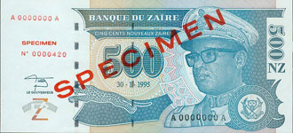 Zaire P65S-500 New Zaire Year 1995 SPECIMEN