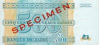 Zaire P65S-500 New Zaire Year 1995 SPECIMEN