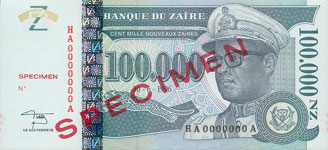 Zaire P77S-100.000 New Zaire Year 1996 SPECIMEN