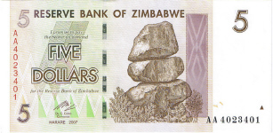P 66 Zimbabwe 5 Dollar 2007 (10 zeros off)