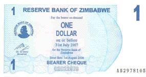 P 37 Zimbabwe Bearer Cheque 1 Dollar 2006