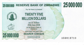 P 56 Zimbabwe Bearer Cheque 25.000.000 Dollars 2008